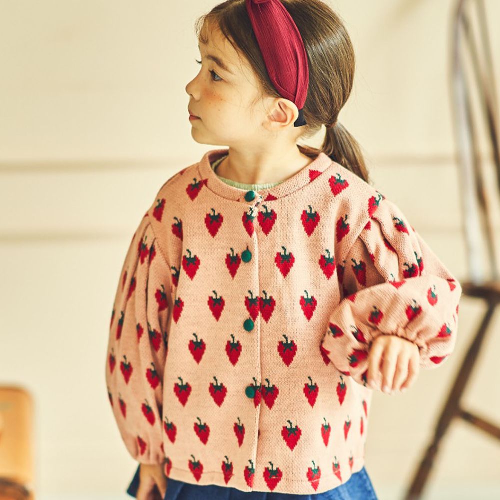 韓國 Mimico - 草莓泡泡袖針織外套-粉紅