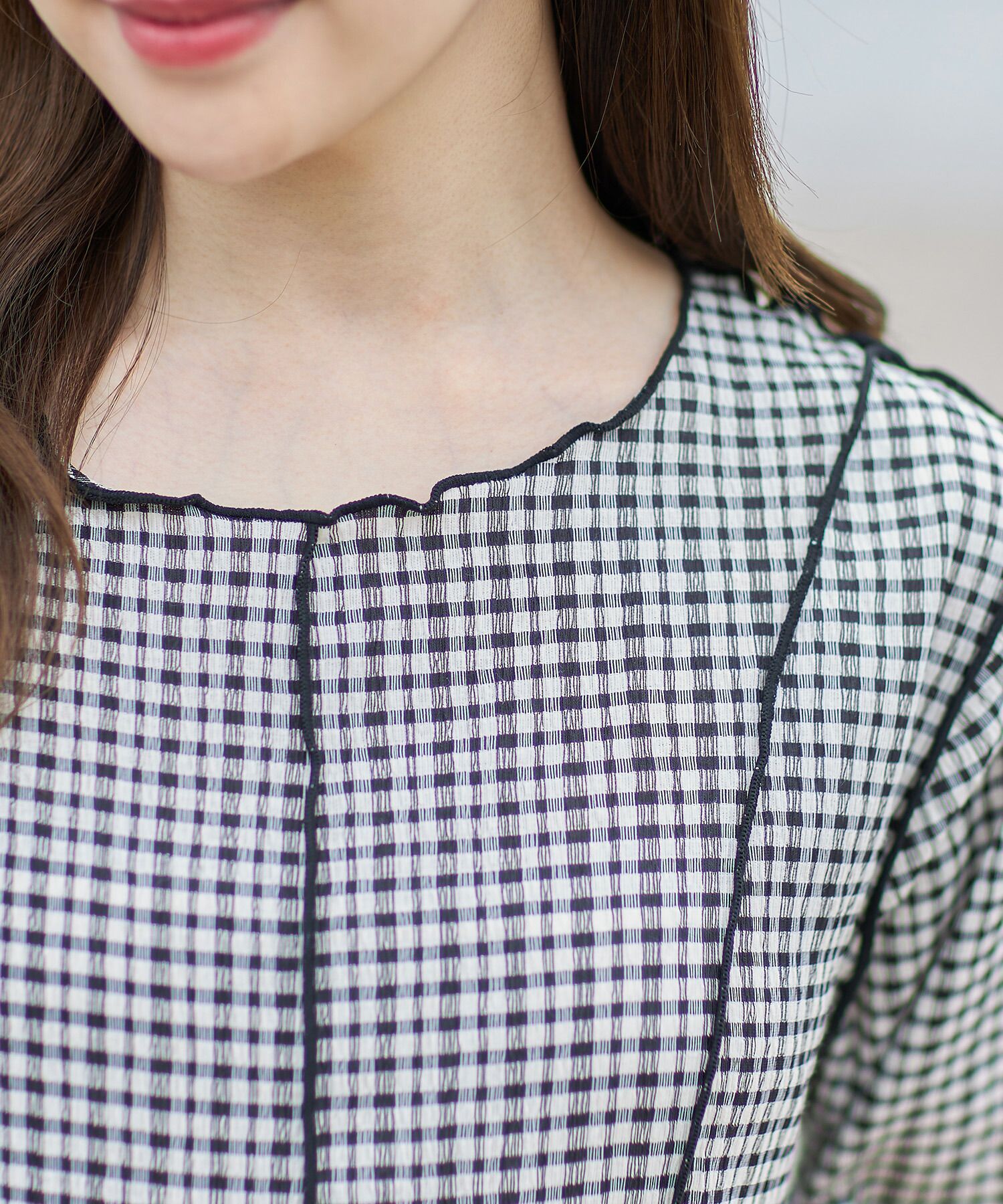 日本 tocco-closet - 修身線條五分袖洋裝-格紋-薄荷