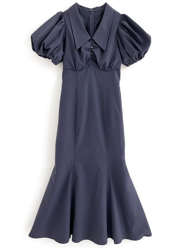 日本 GRL - 優雅翻領澎澎袖魚尾洋裝-淺米杏