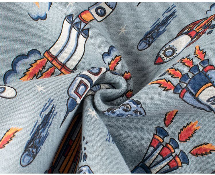 加絨棉質圓領長袖上衣/大學T-飛天火箭-藍灰色