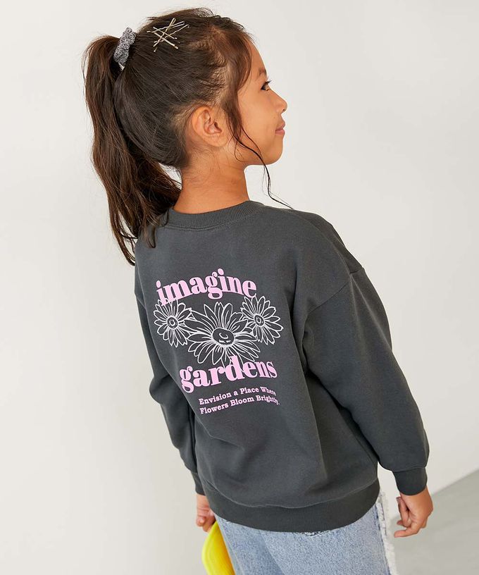 日本 devirock - 熱銷定番 女孩印花縮口長袖上衣-愛心LOGO-黑