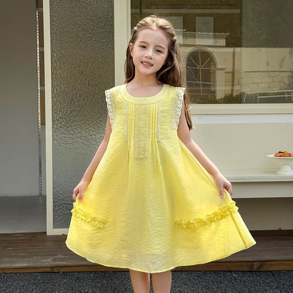 仙氣飄飄皺褶無袖洋裝-蕾絲花邊-黃色