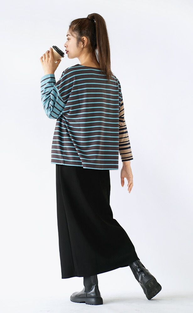 日本 zootie - 撞色條紋拼接薄長袖上衣-薰衣草