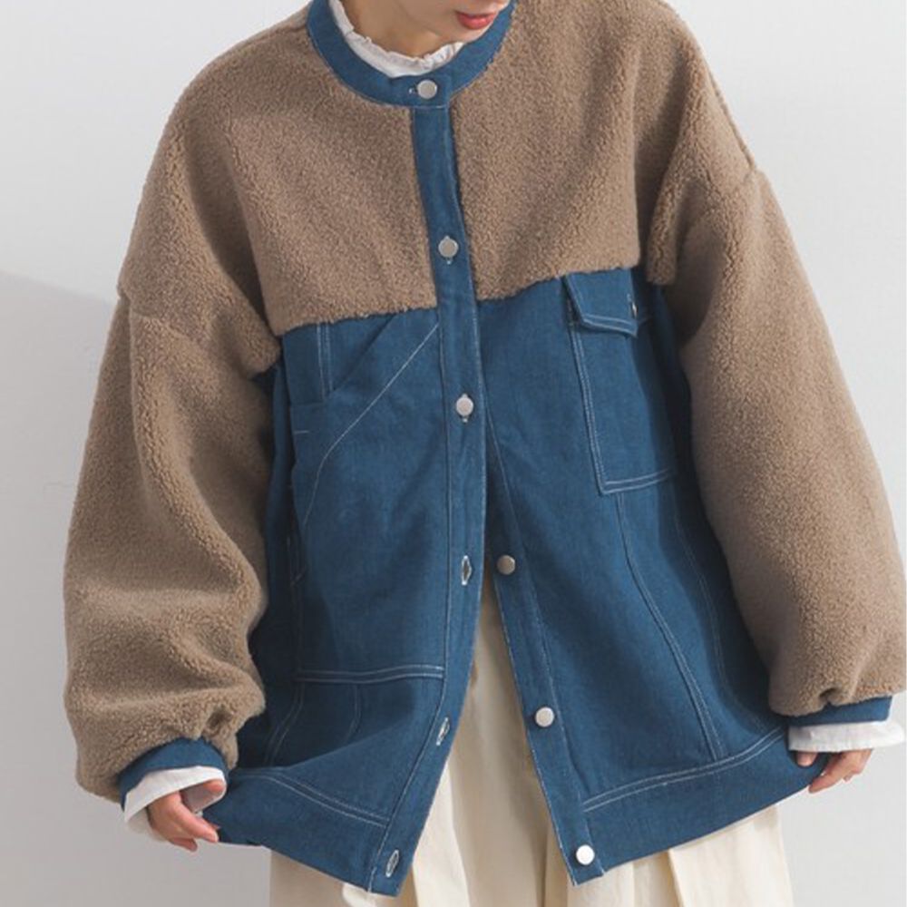 自然風休閒丹寧毛圈拼接外套-摩卡