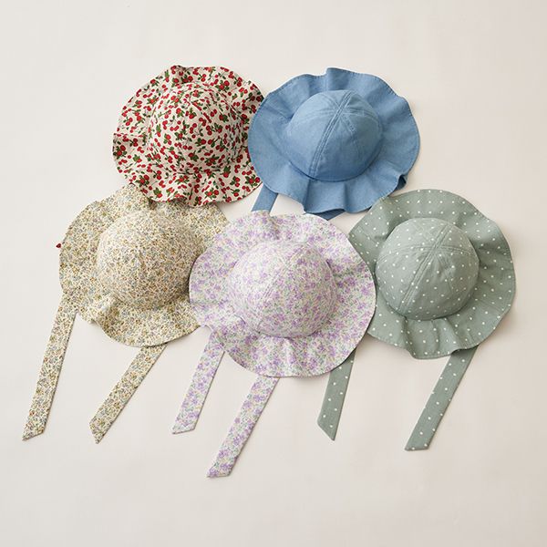 日本 Lycee mine - 大帽沿垂墜緞帶遮陽帽-碎花-紫