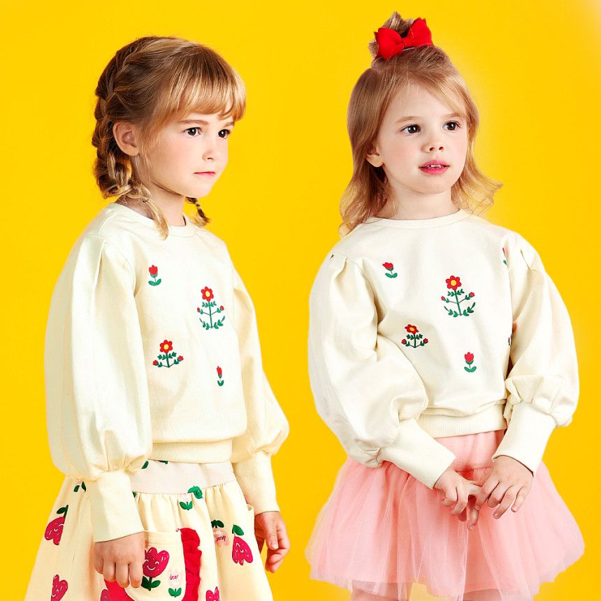 韓國 WALTON kids - 小紅花公主抓褶澎袖上衣-奶油白