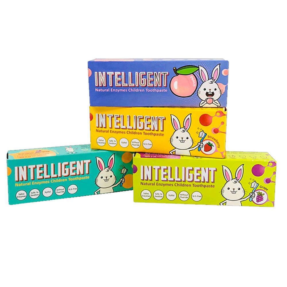 因特力淨 INTELLIGENT - 兒童酵素牙膏 (0歲以上,無氟,可吞食)-全口味4件組(原味(綜合水果)/草莓/葡萄/水蜜桃)-40g*4盒