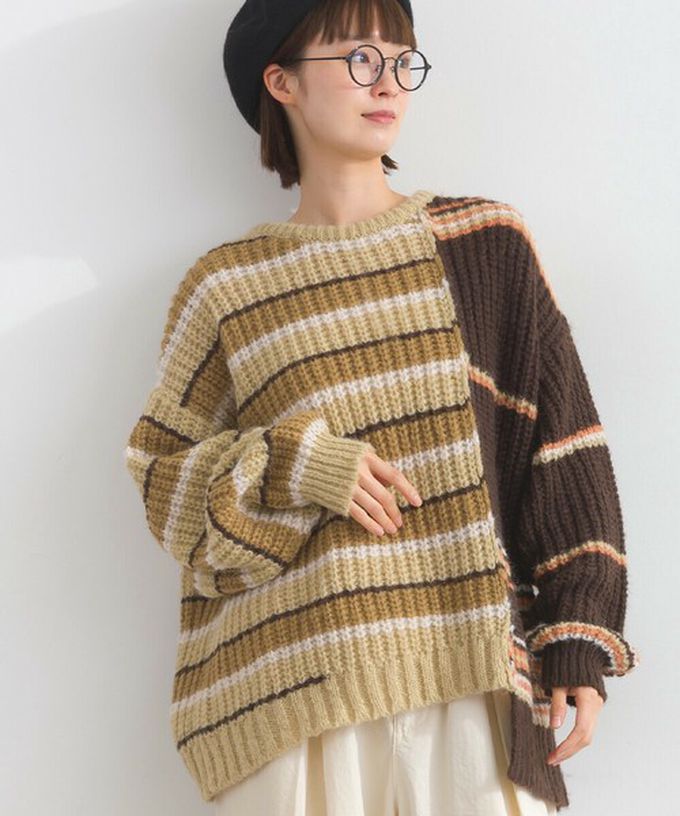 日本 Lupilien - 交錯明亮撞色條紋粗編毛衣-棕色系