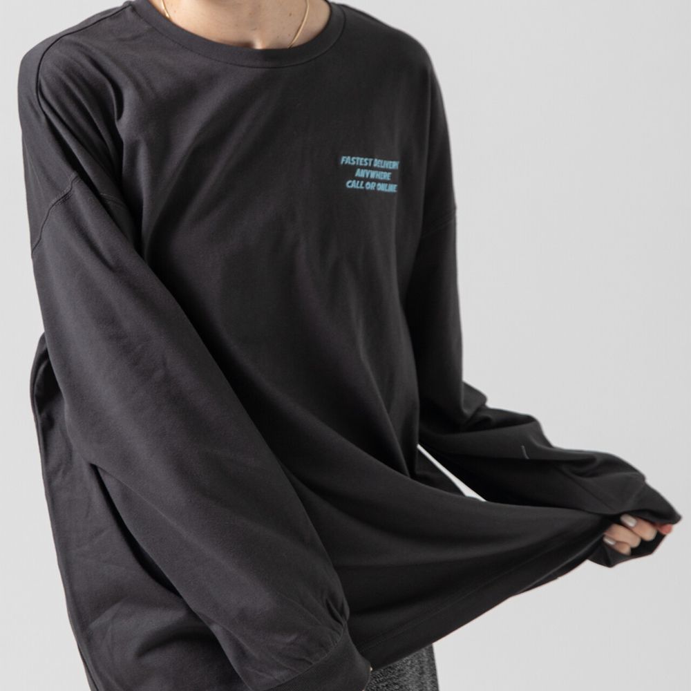 俏皮美式漢堡泡棉印花長袖T恤-炭黑