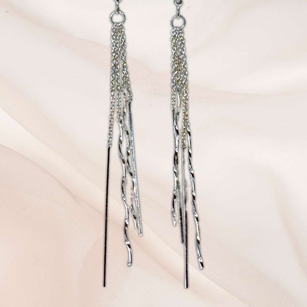 旋轉波浪流蘇垂墜式銀色耳飾耳針耳環 (F SIZE)