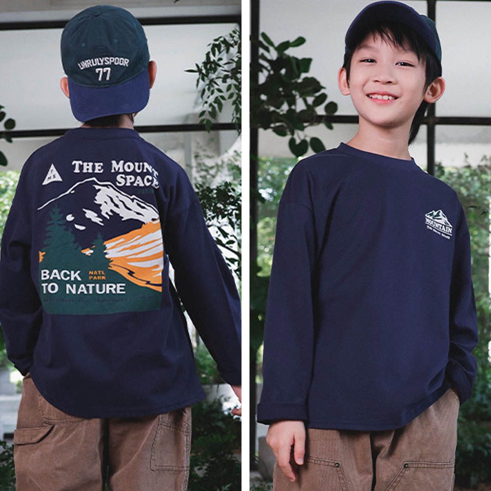 純棉圓領長袖上衣-撞色山脈-藏青