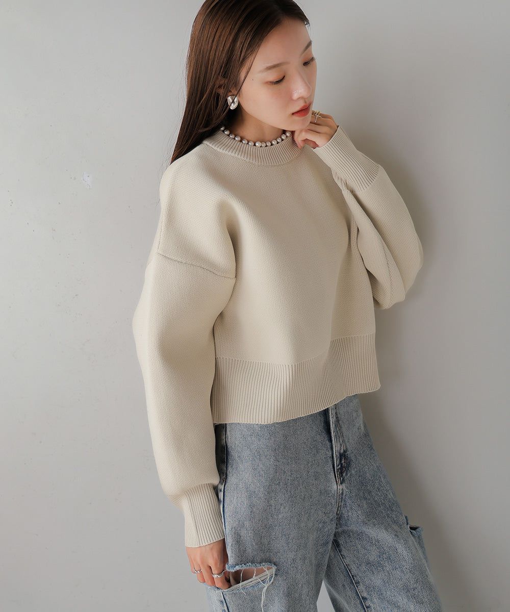 日本 Bab - 低糖珍珠領長袖針織上衣-米