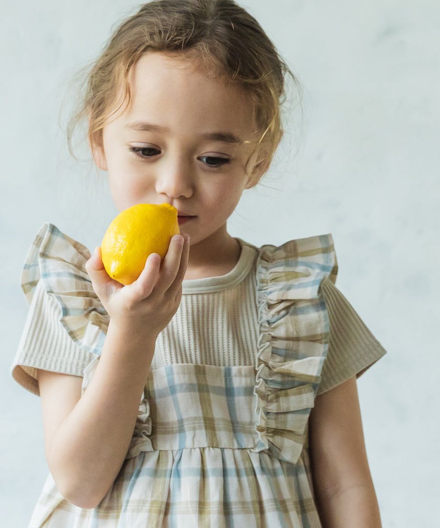 日本 PAIRMANON - 假兩件荷葉背心短T-格紋-灰杏藍