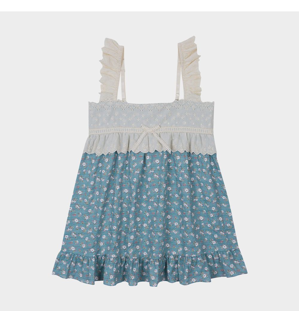 韓國 ULLALA - 蕾絲花邊無袖睡衣(兩件式)-藍 (FREE)