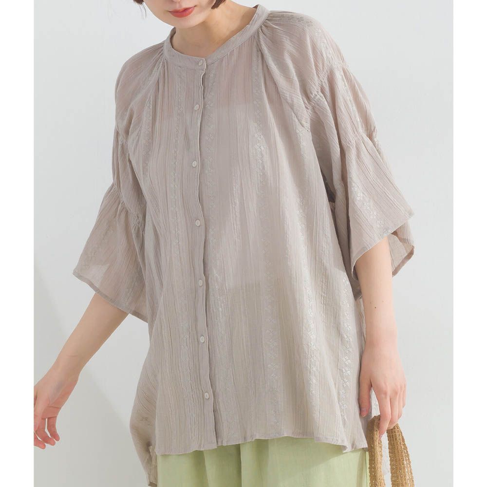 柔軟嫘縈緹花分層五分袖上衣-灰棕