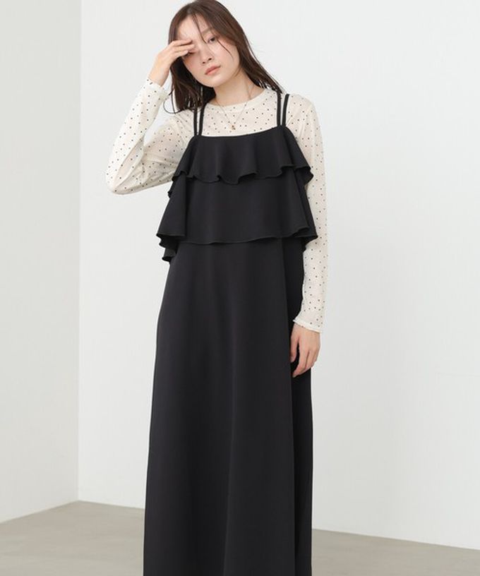 日本 Bab - 優雅綁帶層疊喬其紗細肩帶洋裝-象牙米