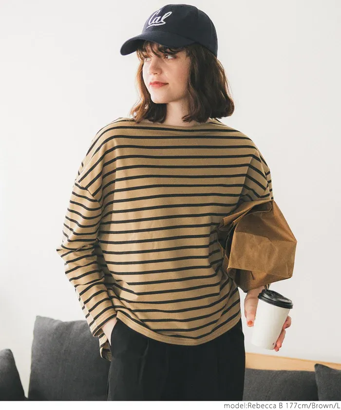 日本 COCA - [熱銷推薦] 百搭船領薄長袖上衣-條紋-灰x白