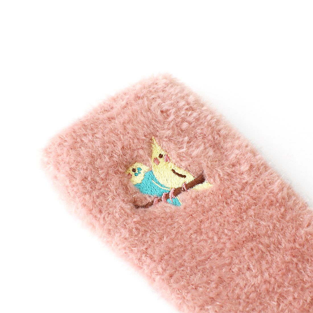 日本 TOMO - 可愛動物刺繡毛絨保暖襪-黃藍鸚鵡-桃粉