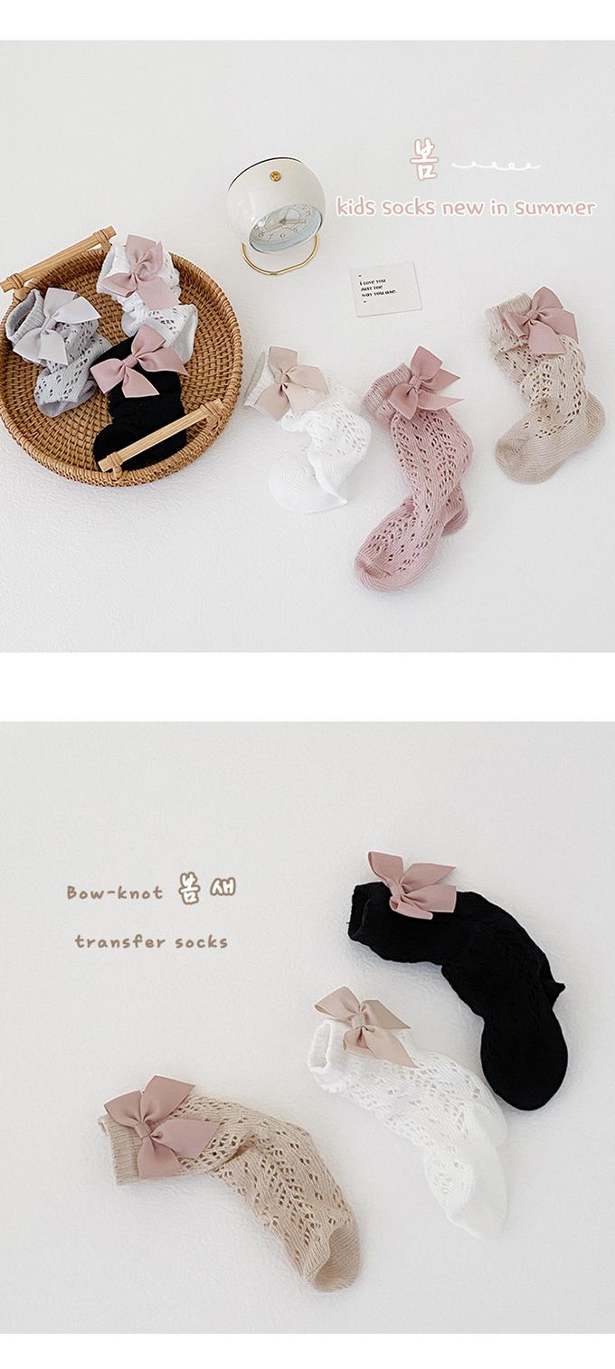 JB clothes - 三入一組-1102蝴蝶結網眼中筒襪-A款(黑白棕)