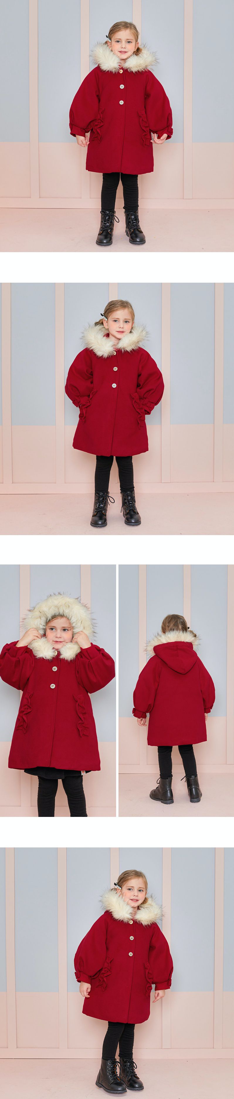 韓國 WALTON kids - 內鋪棉荷葉裝飾泡泡袖大衣-紅