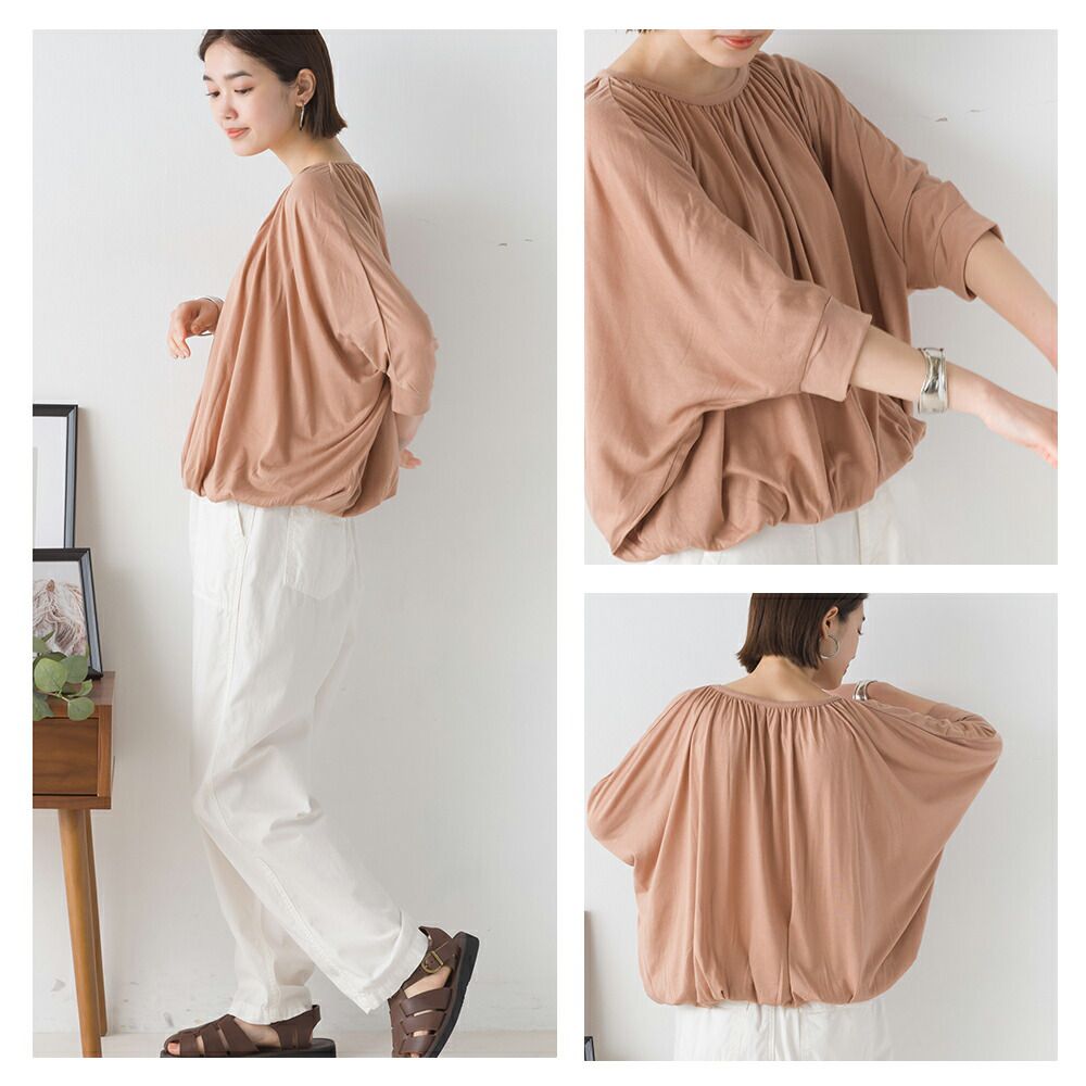 日本 OMNES - 圓領抓皺落肩短袖上衣-黑