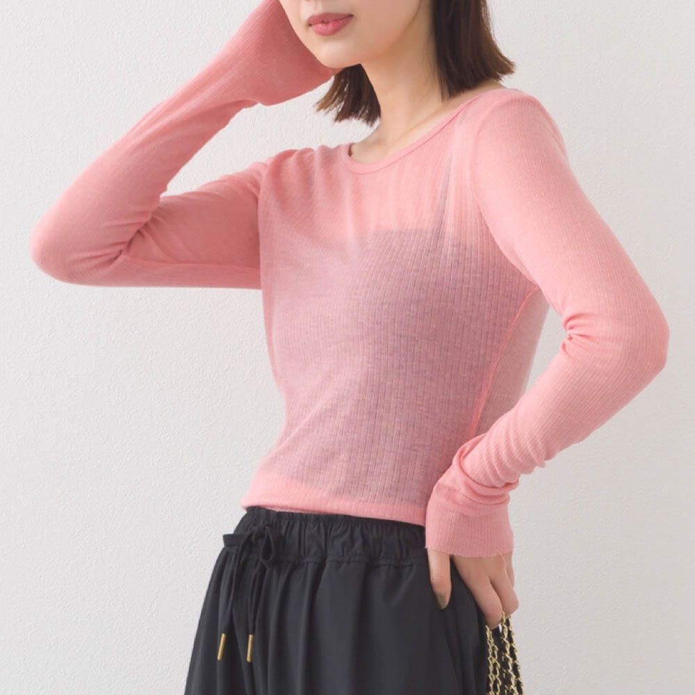 大圓領優美透膚合身薄上衣-粉紅
