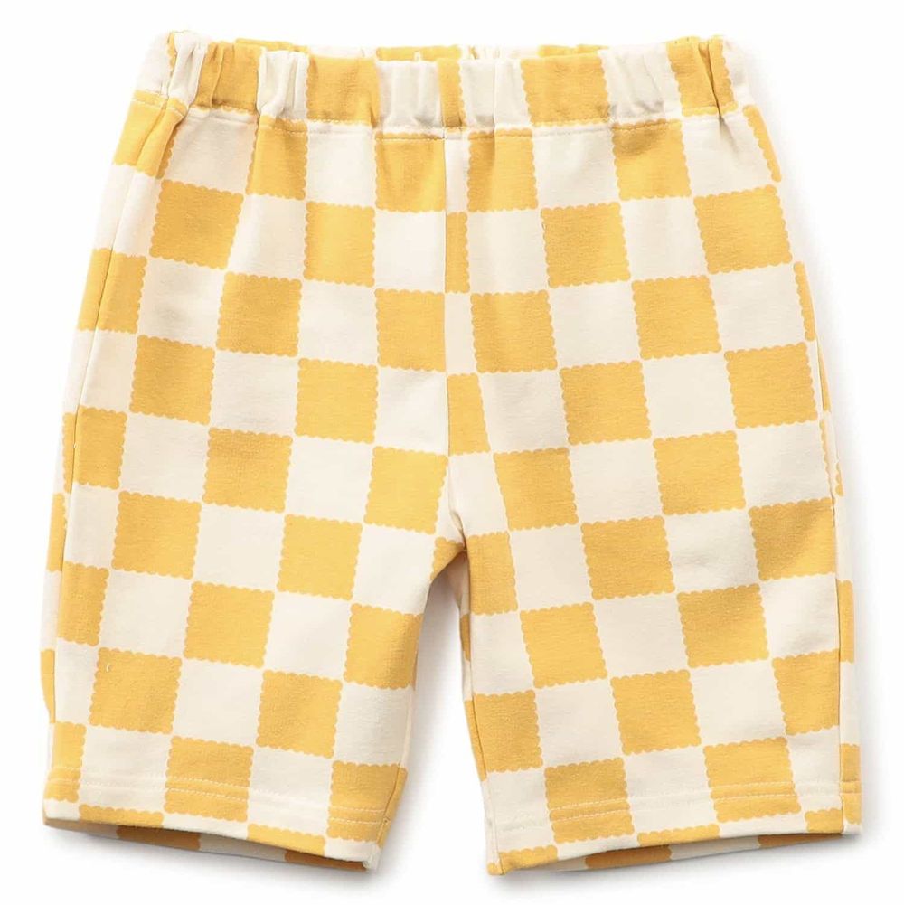 DAISUKI 可愛印花短褲-棋盤格-橘x白