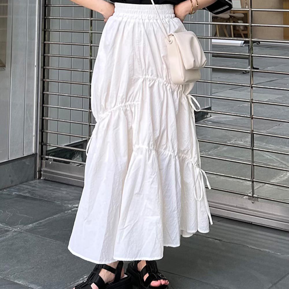 日本 GRL - 不規則綁帶搖曳皺摺長裙-白