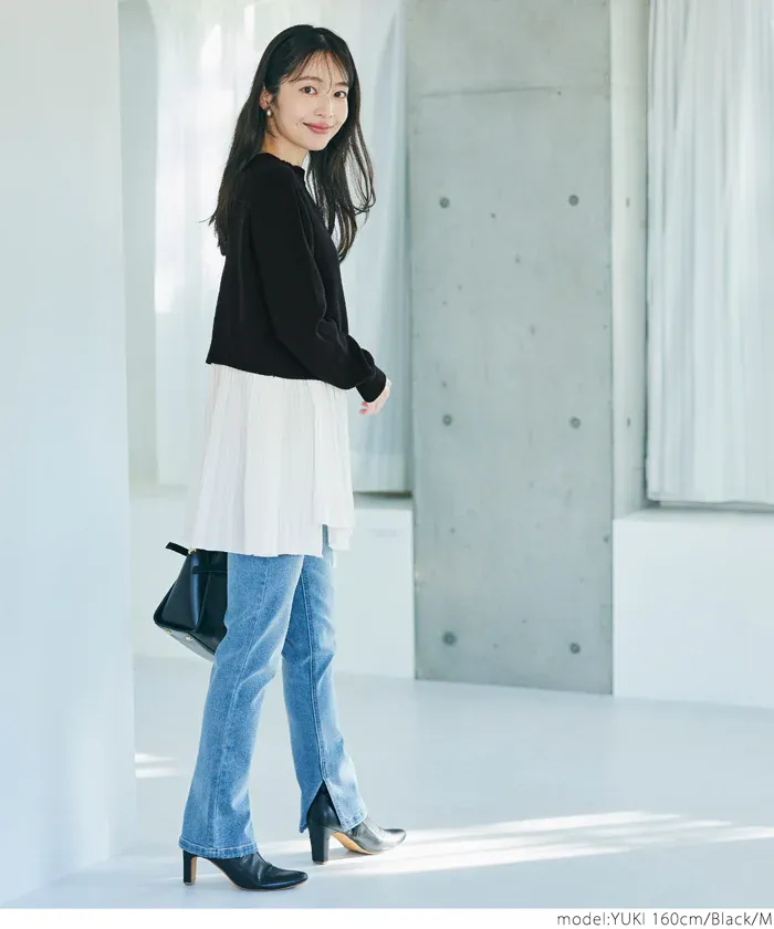 日本 COCA - 細摺拼接圓領針織長袖上衣-黑