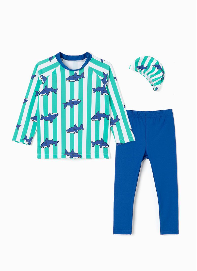 韓國 OZKIZ - 抗UV防曬兒童泳裝-三件組-條紋鯊魚