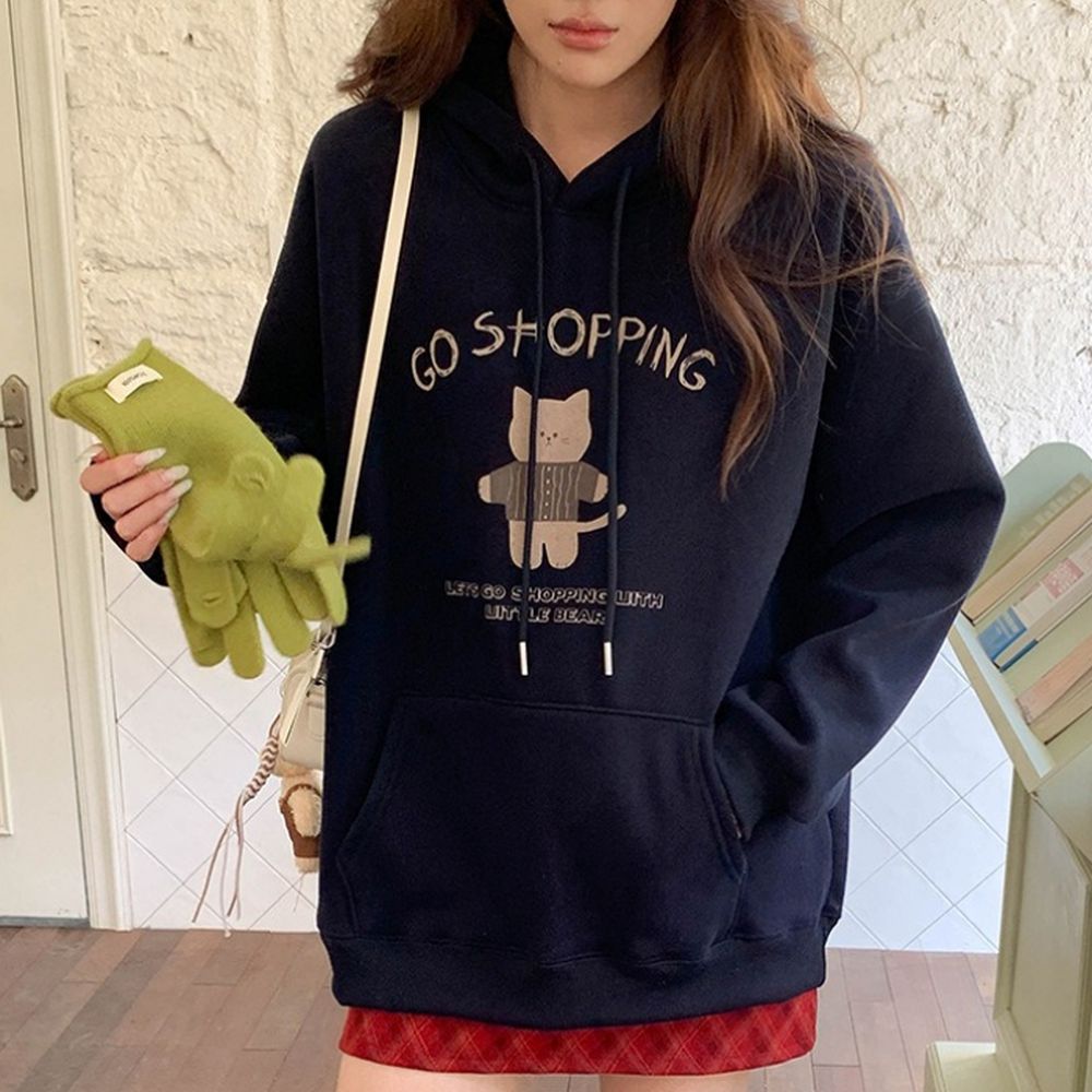 (加絨)長袖連帽T-塗鴉貓咪-藏藍 (F)