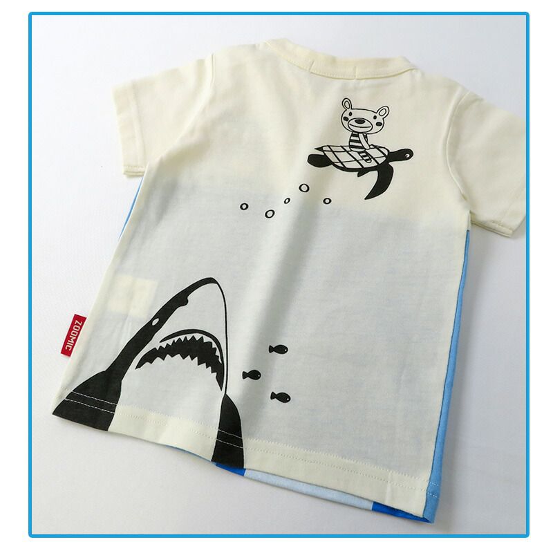 日本 ZOOLAND - 海洋風童趣印花短袖上衣-鯊魚來了-藍綠