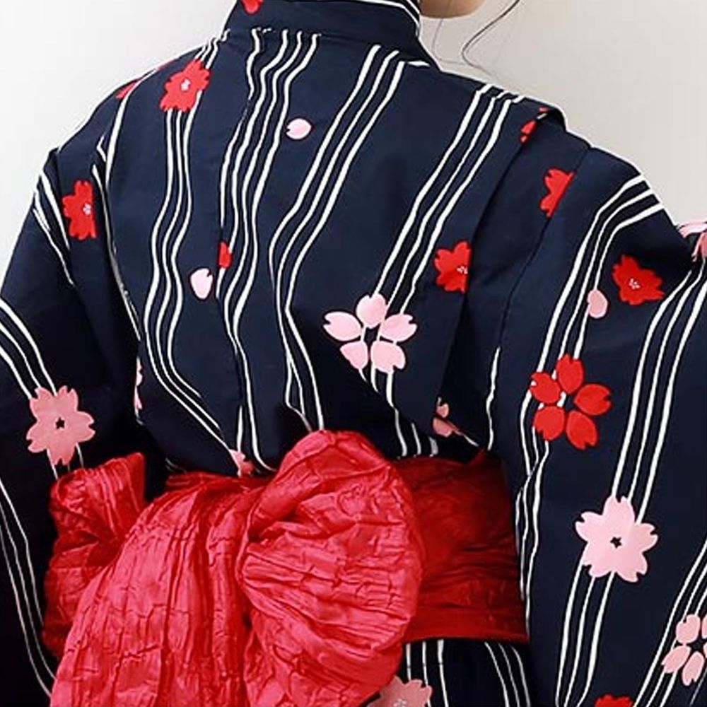 日本 devirock - 純棉夏日祭典花朵浴衣兵兒帶2件組-櫻花流線-深藍x紅