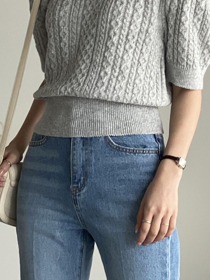 韓國女裝連線 - 麻花辮編織五分袖針織上衣-淺灰 (FREE)