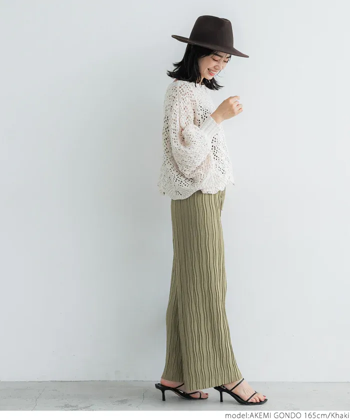 日本 COCA - [可剪裁] 百搭波浪紋垂墜寬褲-深灰