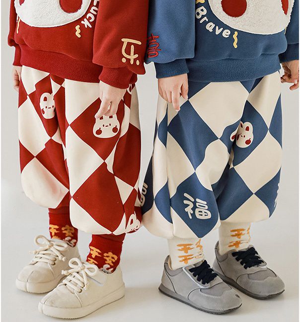 TONGMO - (加絨)喜氣腰鬆緊束口長褲-菱紋福氣兔兔-紅+杏