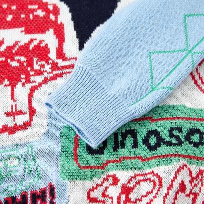 純棉圓領針織長袖上衣-抽象風恐龍-深藍+藍