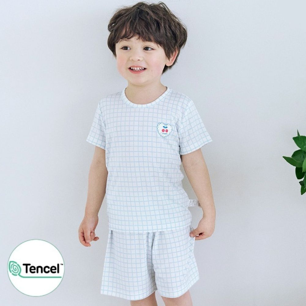 天絲莫代爾透氣短袖家居服-格紋櫻桃-白X天藍