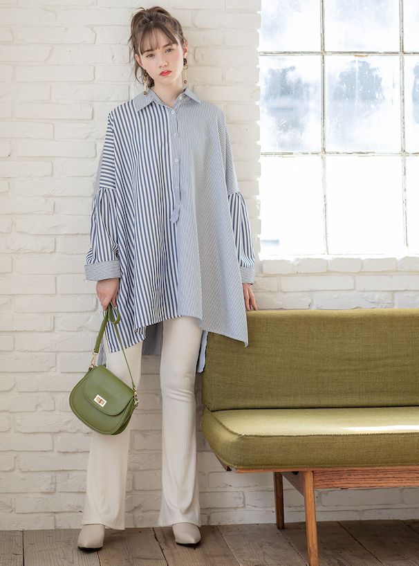 日本 GRL - 率性條紋拼接長版襯衫-海軍藍 (F)