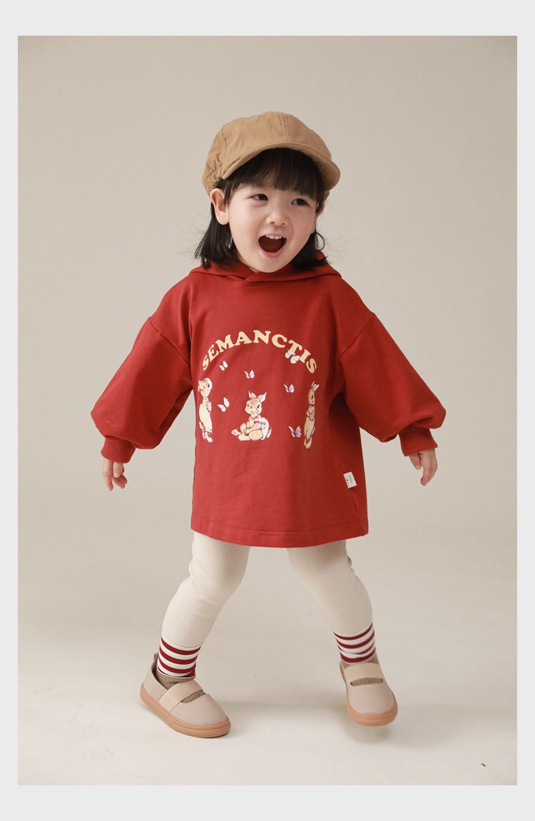 連帽寬鬆長袖帽T-可愛兔兔-紅色