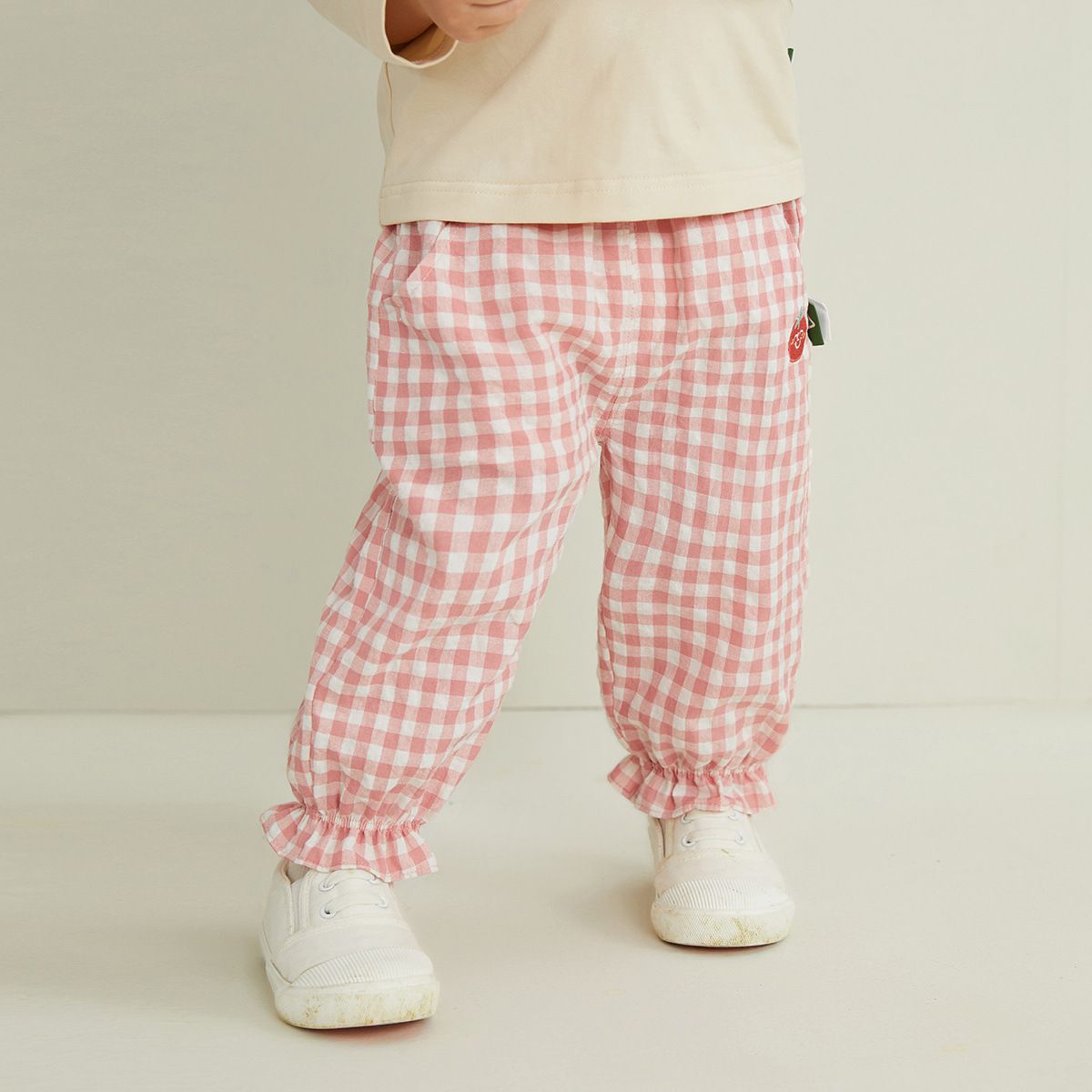 休閒束口長褲-格紋番茄-粉+白
