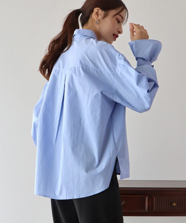 日本 BLUE EAST - 甜美翻領糖果袖襯衫-水藍