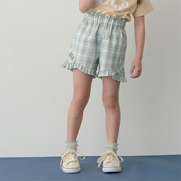 日本 Lycee mine - 可愛滿點荷葉摺邊短褲-格紋-草綠