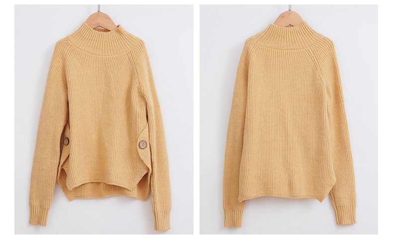 加厚半高領開衩長袖針織上衣-杏色