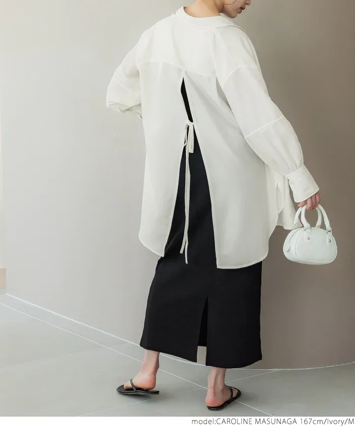 日本 COCA - 百搭後綁帶翻領長版襯衫-米杏