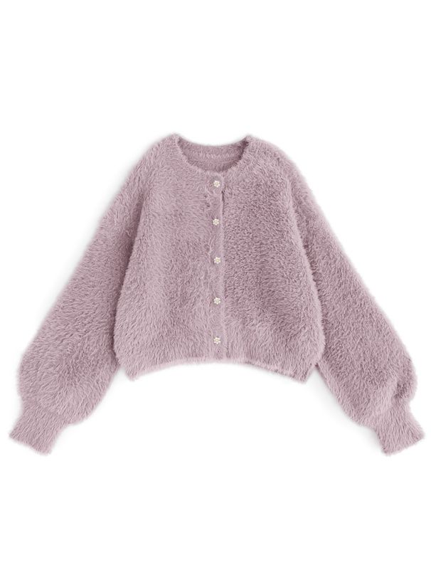 日本 GRL - 花朵珍珠釦毛絨外套-奶茶灰 (F)