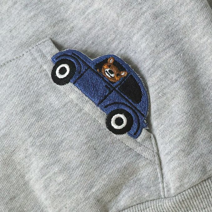 日本 ZOOLAND - 春季出遊印花裏毛長袖上衣-刺繡前口袋-灰