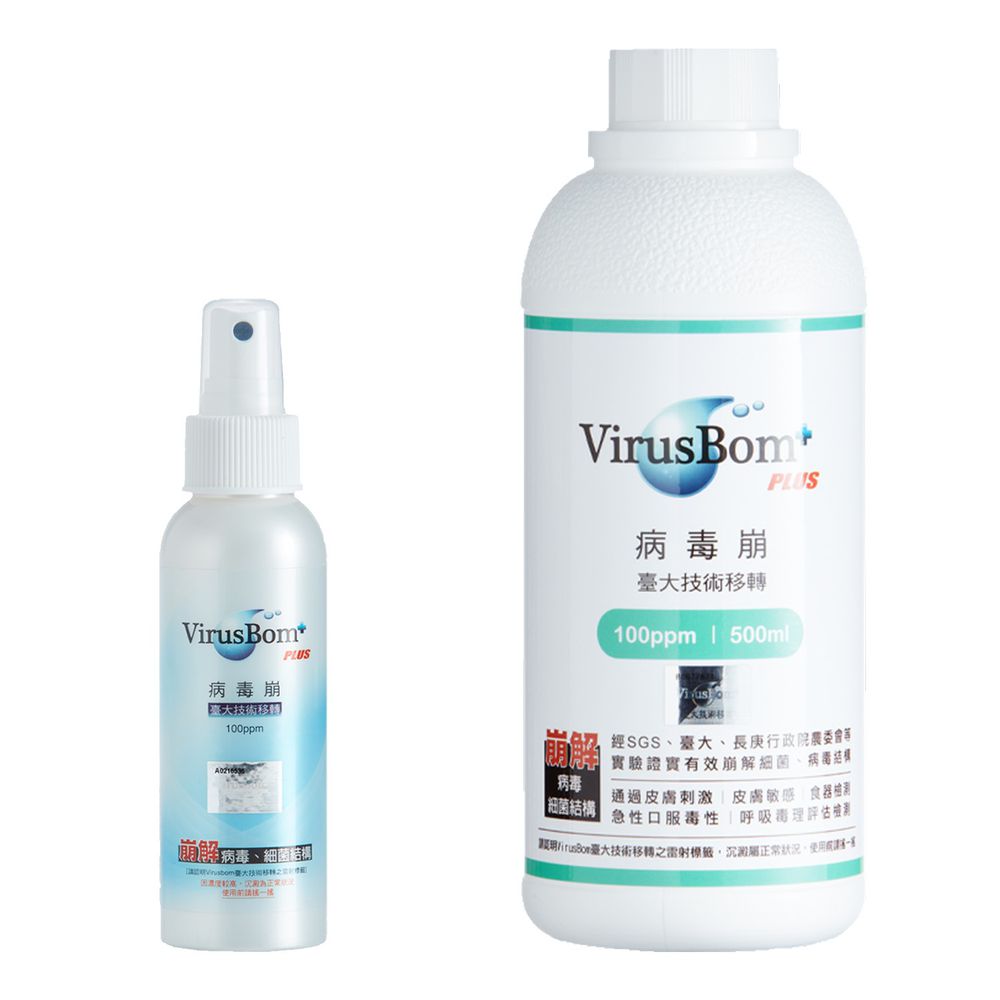 病毒崩 VirusBom - 小資實用1+1組-100ppm噴劑100ml*1+100ppm補充瓶500ml*1
