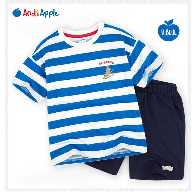 韓國 AndiApple - 衝浪小熊條紋短袖套裝-綠