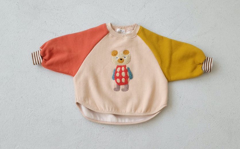 韓國 Mimico - (裏起毛)立體熊熊拼接色T-橘X黃